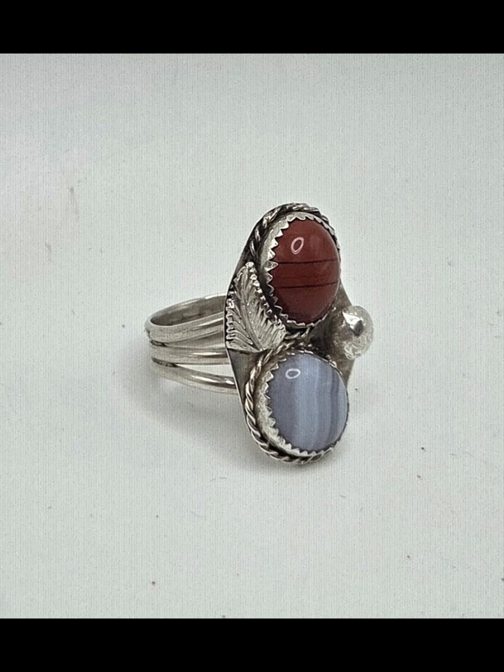 Sterling Silver Double Stone Statement Ring with Red Jasper and Blue Lace Agate